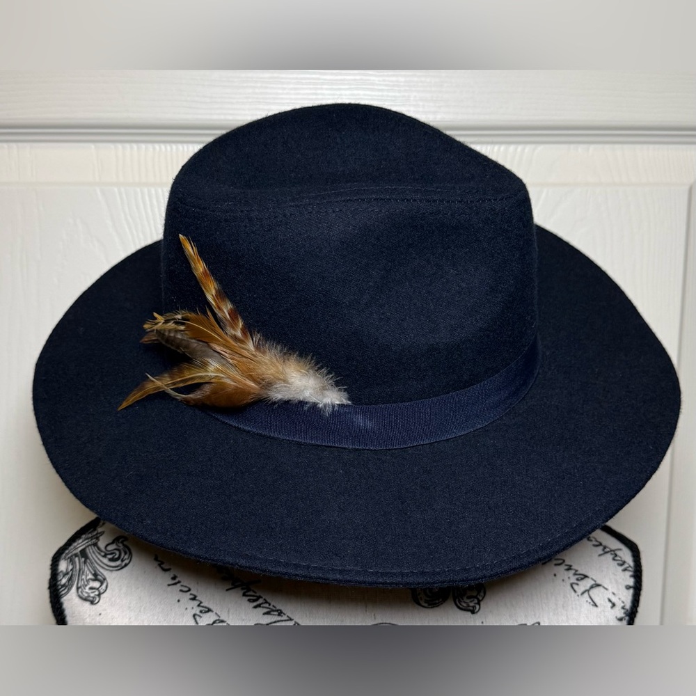 GB girls Navy Blue Wool Blend Hat with Feather Accent